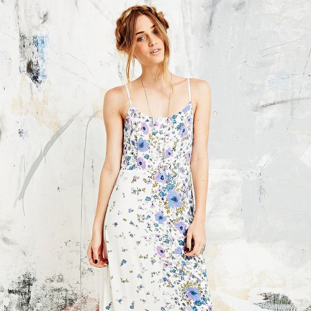Kimchi Blue White Maxi Dress with Blue & Purple Floral Print